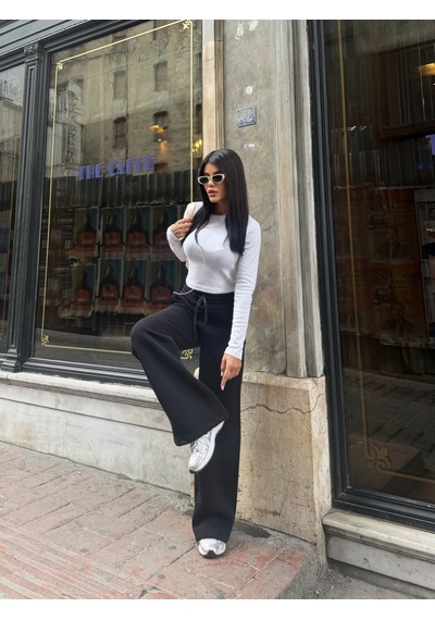 Out Of Standart Kadın Wide-leg Kalıp Beli Lastikli Kordon Detaylı Eşofman Altı Siyah