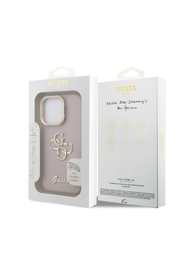Apple Uyumlu iPhone 15 Pro Max Kılıf Guess Lisanslı Grained Yazı Logolu Kamera Standlı Kapak Pembe