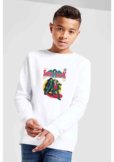 Tshirthane Sherlock Comic Baskılı Unisex Çocuk Beyaz Sweatshirt Beyaz