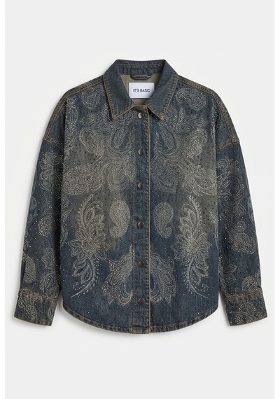Kadın Kot Rengi T-10w6-8 Oversize Parlak Taş Ve Desen Özel Tasarım Denim Ceket