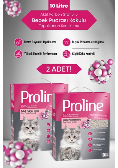 Proline Aktif Karbon Granüllü Bebek Pudra Kokulu Bentonit Kedi Kumu 2x10 Lt