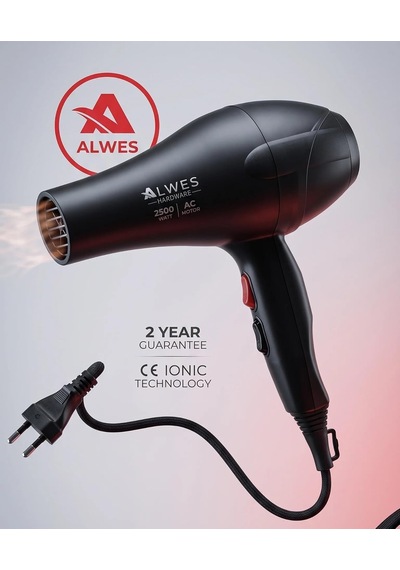 Alwes Hardware Pro Fön Makinesi, Siyah, 2500 Watt, Ac Motor, İyon Teknolojisi, Model Al-3002, Saç Kurutma