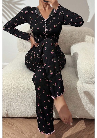 Merry See Baskılı Özel Kumaş Pijama Takımı Siyah