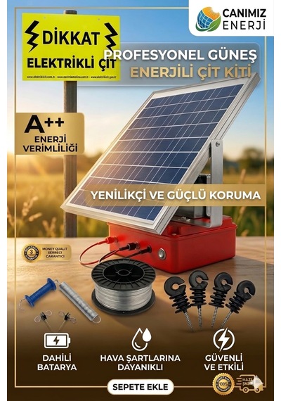 Güneş Enerjili Elektrikli Çit Tam Set 5-6 Dönüm 1000m Tel 25w Panel Yaban Domuzu Koruma Çiti