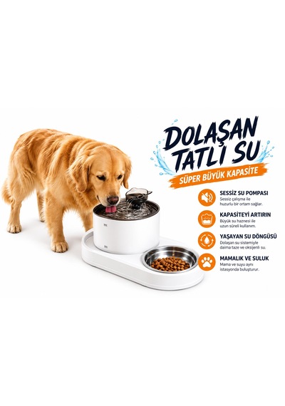 Kedi Köpek İçin 2'si 1 Arada Öşft Otomatik Su Sebili 1.8 Litre Ve Mama Kabı Besleme Seti Su Çeşmesi Sürekli Taze Su Evcil Hayvan