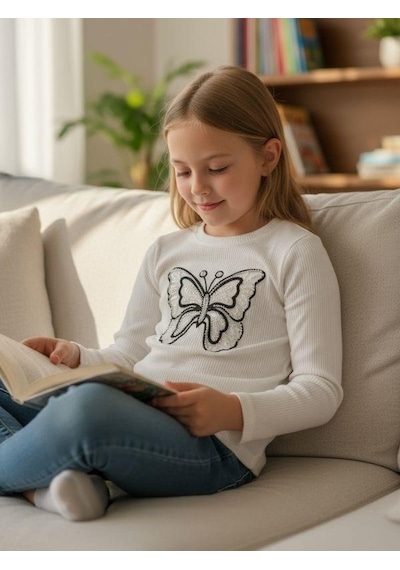 Zekids Kız Çocuk Fitilli Boncuklu Kelebek Detaylı Uzun Kollu T-shirt-16382 Beyaz