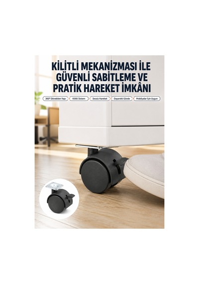 Kilitli Mini Tekerlek Ayak 4 Cm 4 Lü Set Siyah Siyah