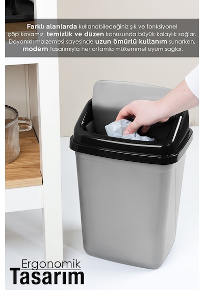 Kapaklı Plastik Çöp Kovası - Ev Ofis Banyo Mutfak Çöp Kovası Gri 10 Litre Gri