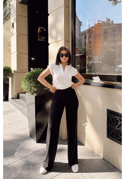 Beyaz Polo Yaka, Kısa Kol, Fitilli Kaşkorşe Kumaş, Basic Kalıp/kesim, Spor Ve Günlük Bluz & T-shirt Beyaz