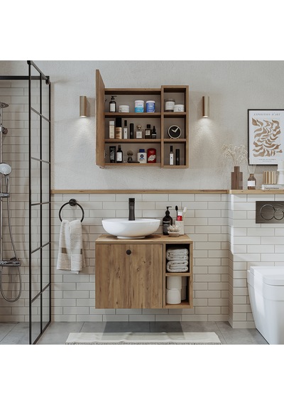 Lotus Lavabolu Mdf 65 Cm Banyo Dolabı + Aynalı Üst Dolap Atlantik Atlantik Çam