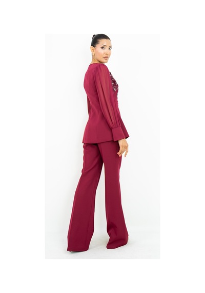 Dorne Moda Kadın İşlemeli Bluz Pantolon Takım Şifon Kol Detaylı Şık İkili Takım Bordo Dorne Moda Kadın İşlemeli Bluz Pantolon Takım Şifon Kol Detaylı Şık İkili Takım Bordo