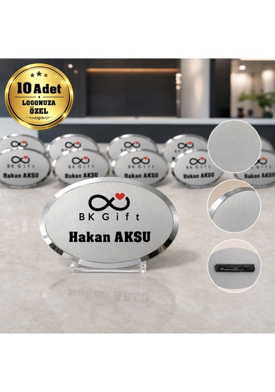 Logonuza Özel 10 Adet Oval Metal Yaka İsimliği Gold Gümüş Renk 6,5x4,5 Cm Gümüş