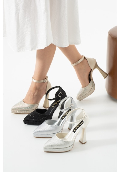 Dabab Shoes Serenya Kadın Siyah Sivri Burun 11 Cm Platform Topuklu Taşlı Bilekten Bantlı Abiye Ayakkabı