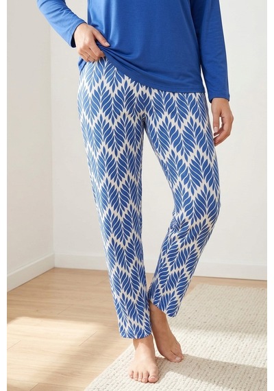 Mataş Kadın Desenli Bambu Viskon Uzun Kollu Soft Örme Mevsimlik Yumuşak Pijama Takımı Mavi