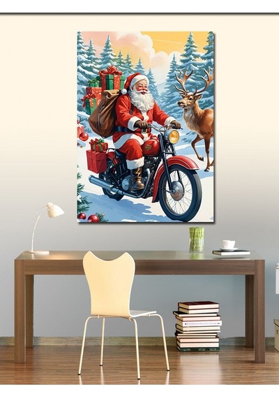 Kanvas Tablo Noel Baba Ve Geyik 100cmx140cm