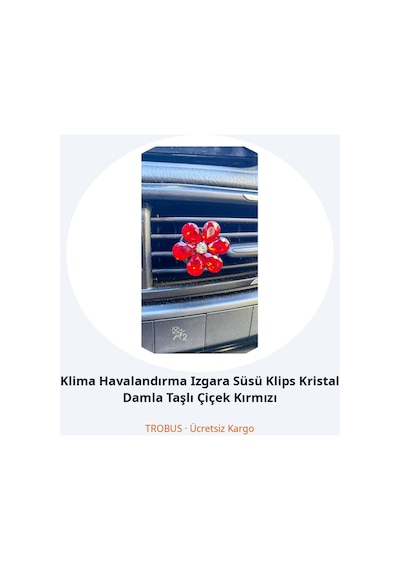Trobus Klima Havalandırma Izgara Süsü Klips Kristal Damla Taşlı Çiçek Kırmızı