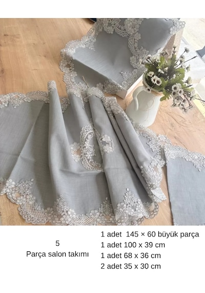Çeyizlik Firuze Model Gri 5 Parça Keten Dantelli Salon Takımı Runner Seti No 486745 Sarı