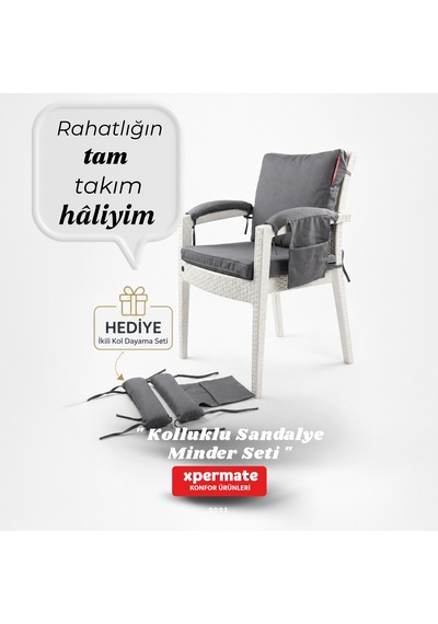 4 Parçalı Sırtlıklı Sandalye Minderi 46 X 46 Cm Kol Pedli Su Ve Leke İtici Bağcıklı Bahçe Balkon Minderi Seti Antrasit