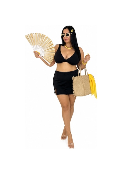 Büyük Beden Geniş Üçgen Kalın Askılı Yırtmaç Detaylı Sabit Pedli Kadın Bikini Takım Siyah