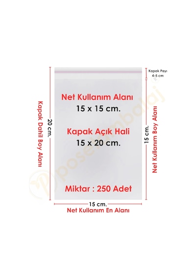 15x15+5 Cm. 15x20 250 Adet Şeffaf Bantlı Yapışkanlı Opp Poşet