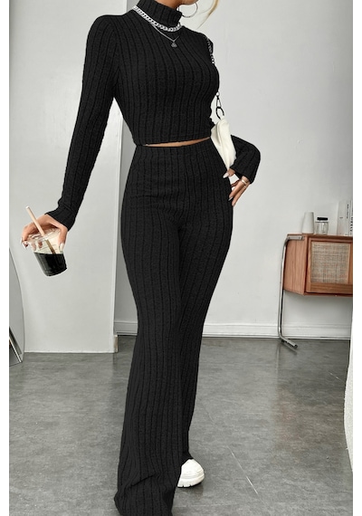 Angbutik Kadın Siyah Boğazlı Crop Top Ve Yüksek Bel Eşofman Takımı Spor Şık Kombin