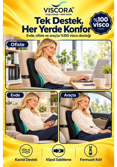 Araba Sırt Minderi Ofis Koltuk Sırt Minderi Ergonomik %100 Visco Klipsli Destek Yastığı, Siyah 45