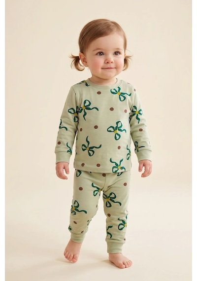 Zuzunga Kız Çocuk Fiyonk Ve Puantiye Desenli Uzun Kollu Pijama Takımı Yeşil
