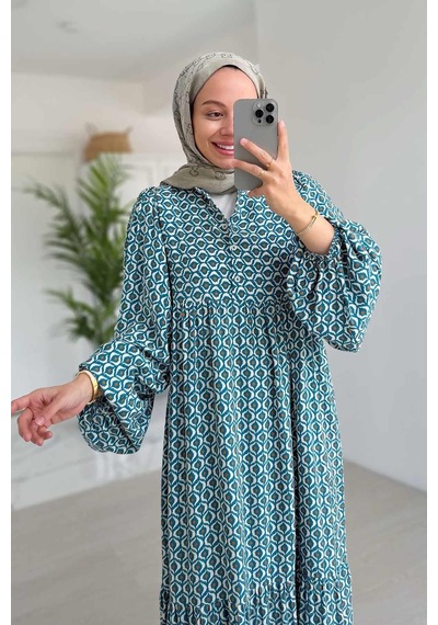 Kahijab Geometrik Desenli Kuşaklı Elbise - Mavi Mavi