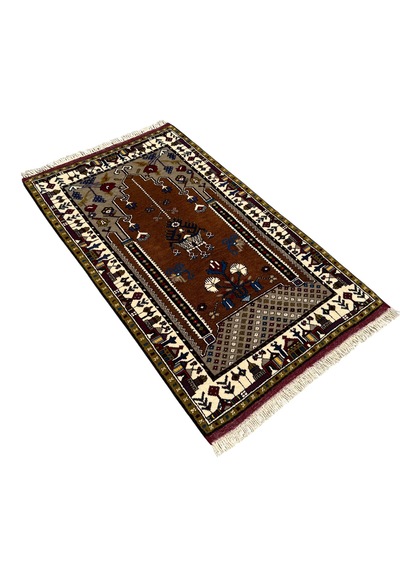 El Dokuması Sıfır Yahyalı Seccade 85x140 Kahverengi Beyaz Kök Boya %100 Yün Açık Kahverengi