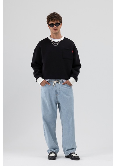 Vamos Bisiklet Yaka Cep Detaylı Oversize Sweatshirt Siyah