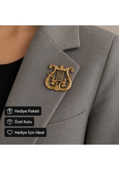 Altın Renk Lir Figürlü Kadın Broşu Zarif Vintage Tasarım Hediye Aksesuar Açık Gri