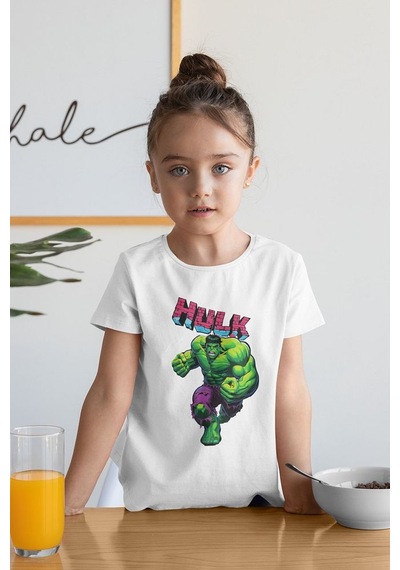 Sevbano Hulk Baskılı Unisex Film Kahramanı Çocuk Tişört 1-12 Yaş Beyaz