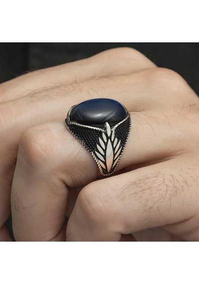 Mavi Kaplan Gözü Taşlı Oval 925 Gümüş Erkek Yüzük