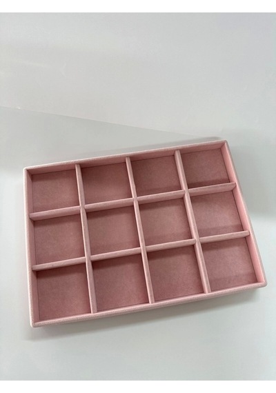 Yerli Üretim Süet Kumaş Pembe Renk 34 Cm / 24 Cm 12 Bölmeli Çekmece Içi Takı Standı Çok Renkli