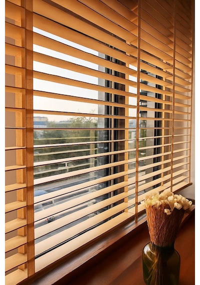 Krem Renk Gerçek Ahşap Jaluzi 50mm Zincirli Redüktörlü Kurdelalı Ajs1005 Krem