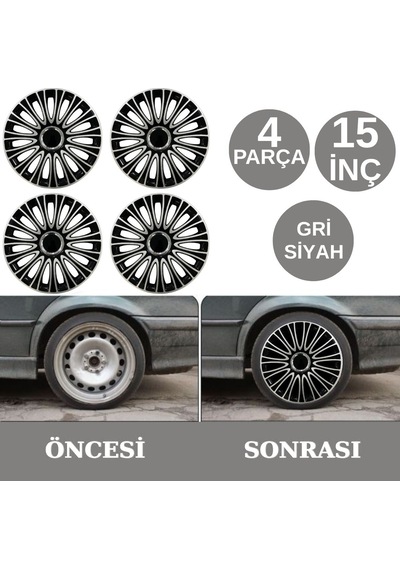 Jant Kapağı Takımı Abiyes 15 İnç Tüm Jantlar İle Uyumlu Tekerlek Göbeği Koruyucu 4 Parça Gri Siyah Glz02702396