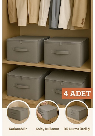 Serstil 4 Adet - Kulplu Baza Altı, Dolap Içi Destekli Kutu Hurç 35x42x23 Cm - Antrasit Gri