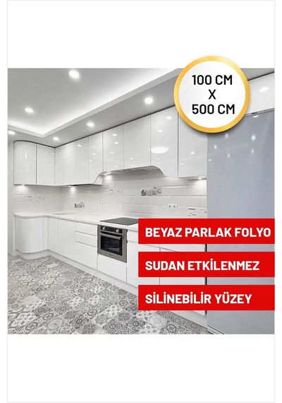 Parlak Beyaz Yapışkanlı Folyo Mutfak Dolap Ve Mobilya Kaplama Folyosu-100x500 Cm