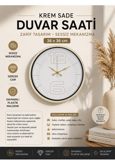 36 Cm Sade Dekoratif Duvar Saati Sade Altın İndeksli Krem