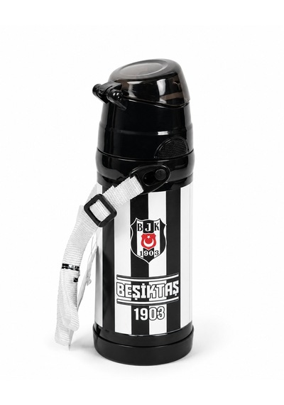 Beşiktaş Lisanslı Silikon Pipetli Çelik Matara - Çubuklu Desenli Paslanmaz Su Matarası 425 ML