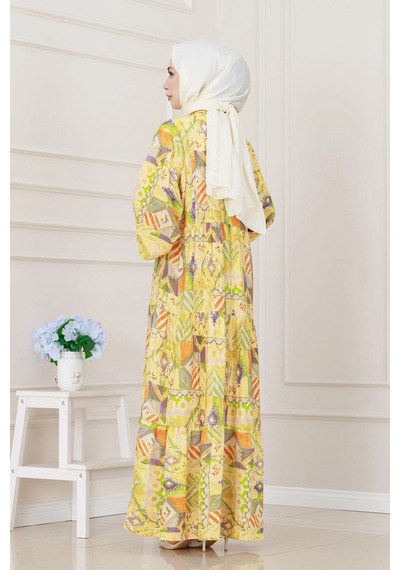 Sevitli Etnik Desen Robalı Elbise-sarı-5253 Sarı
