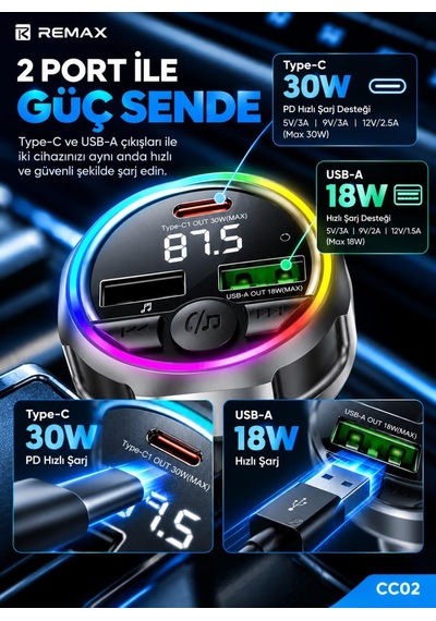48w Rgb Işıklı Fm Transmitterli Araç Şarj Cihazı S