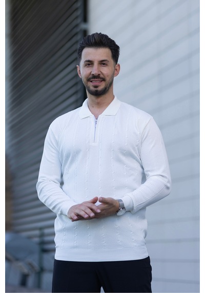 Hk Premium Triko Kazak Polo Yaka Fermuarlı Slim Fit Beyaz
