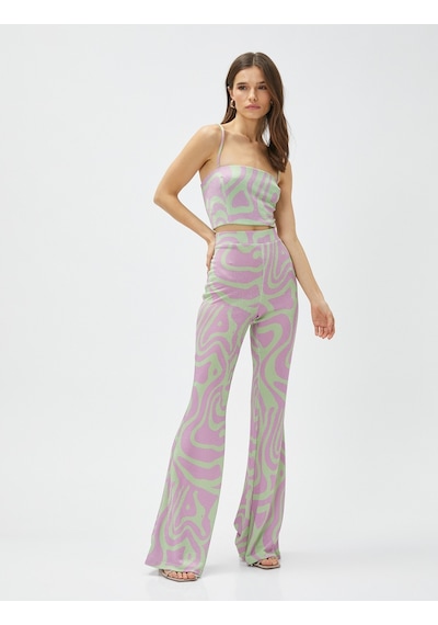 Koton Abiye Bluz Crop Askılı Kare Yaka Simli Yeşil Desenli 3sak60017fk 3SAK60017FK7D6