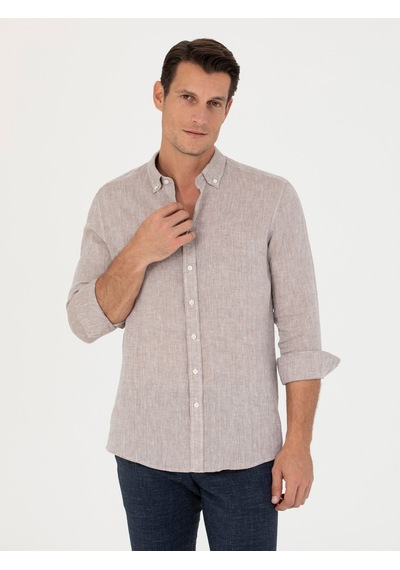 Cacharel Kahverengi Slim Fit %100 Keten Gömlek