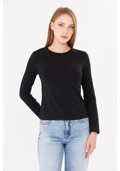 Sortie Collection Bisiklet Yaka Pamuklu Uzun Kollu Basic Penye Tişört Bluz Siyah