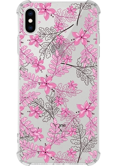Apple Uyumlu iPhone X Köşe Korumalı Antişok Kapak Floral Pembe Tasarımlı Şeffaf Kılıf