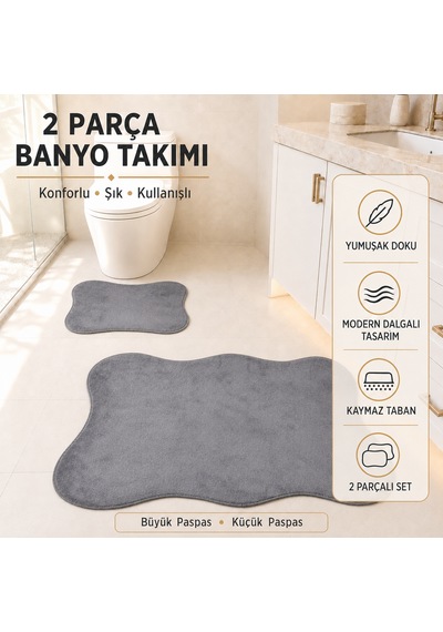 2 Li Banyo Paspası Halısı Seti Kaymaz Tabanlı Yıkanabilir Klozet Takımı Gri