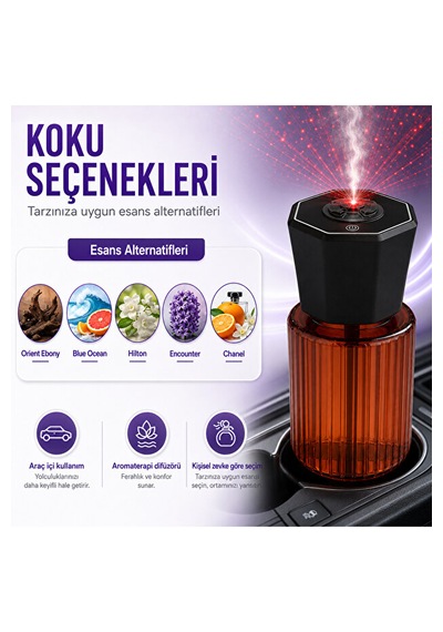 Araç İçi 120 Ml Ultrasonik Hava Nemlendirici Ve Aromaterapi Difüzörü Type-c Şarjlı Koku Siyah