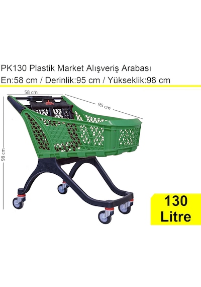 Pk130 Plastik Market Alışveriş Arabası 130 Litre Yeşil / En:58 Boy:95 Yükseklik:98 Cm
